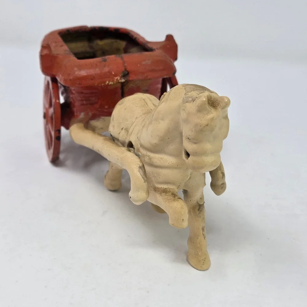 Antique Arcade Mfg Co Cast Iron Horse Drawn Cart Red Basket Wagon Toy Antique